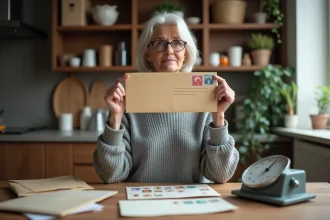 Femme perplexe tenant une lettre timbrée avec une balance postale et des timbres sur une table en bois