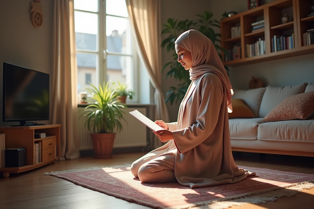 Jeune femme musulmane priant dans son salon à Douai