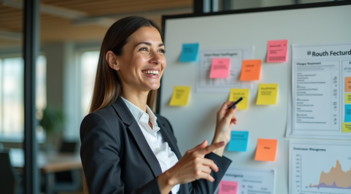 Femme professionnelle souriante en réunion moderne