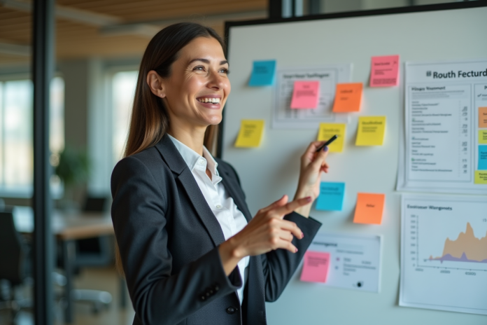 Femme professionnelle souriante en réunion moderne