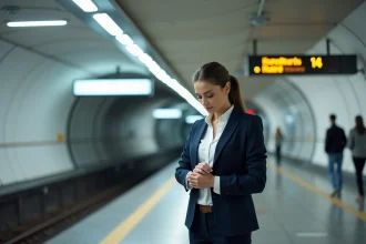 Femme d'affaires sur le quai de la ligne 14 du métro parisien en heure de pointe