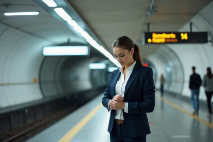 Femme d'affaires sur le quai de la ligne 14 du métro parisien en heure de pointe