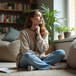 Femme pensant assise au sol dans un salon cosy