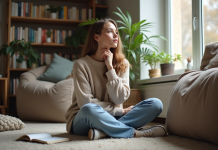 Femme pensant assise au sol dans un salon cosy