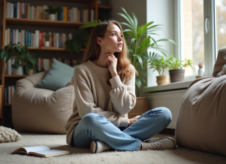 Femme pensant assise au sol dans un salon cosy