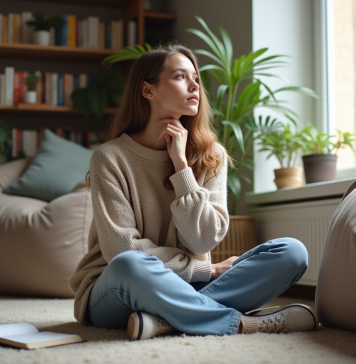 Femme pensant assise au sol dans un salon cosy