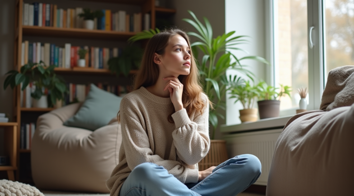 Femme pensant assise au sol dans un salon cosy