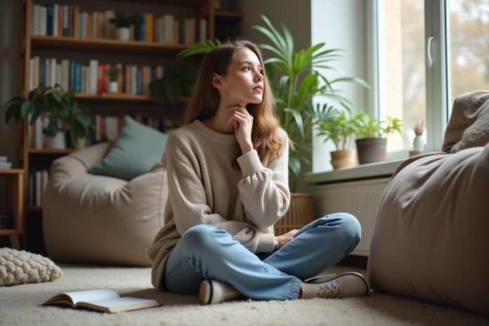 Femme pensant assise au sol dans un salon cosy
