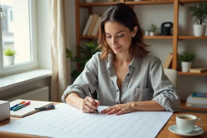 Femme écrivant dans un calendrier 2026 imprimé posé sur un bureau en bois dans un bureau à domicile organisé