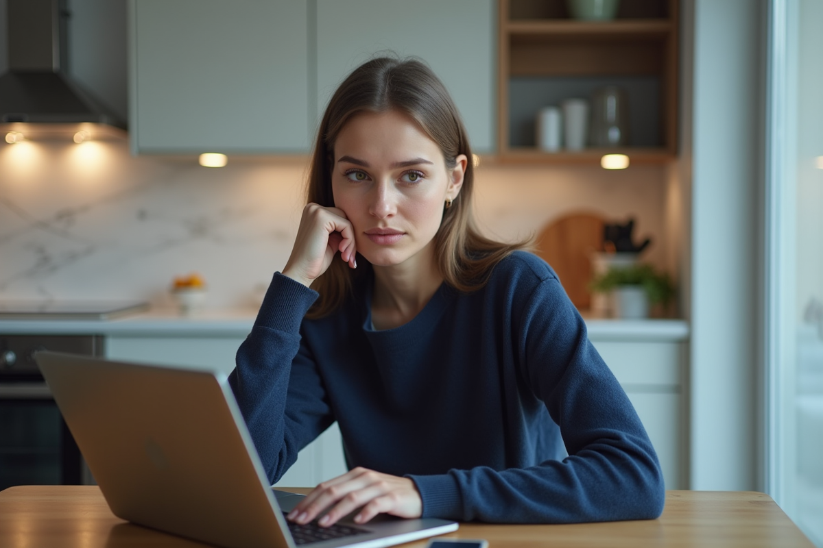 Jeune femme pensant devant son ordinateur portable