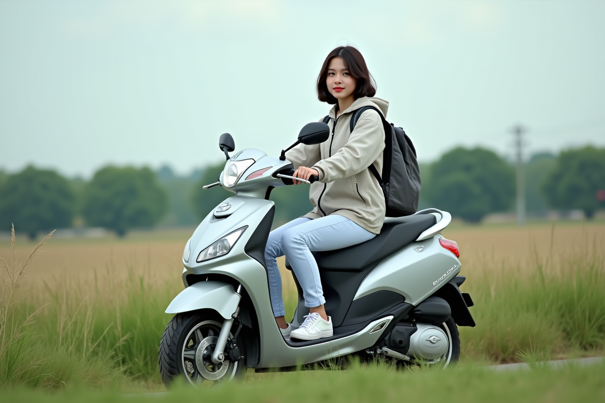 Jeune femme assise sur scooter dans un paysage rural