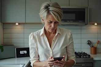 Femme d'âge moyen dans sa cuisine moderne regarde son smartphone