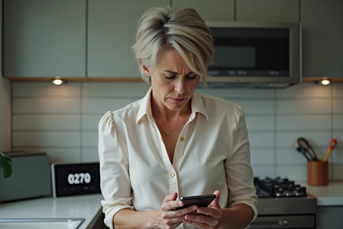 Femme d'âge moyen dans sa cuisine moderne regarde son smartphone