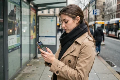 Jeune femme consultant l'application Bus 323 en temps réel sur son smartphone à un arrêt de bus en ville aux heures de pointe