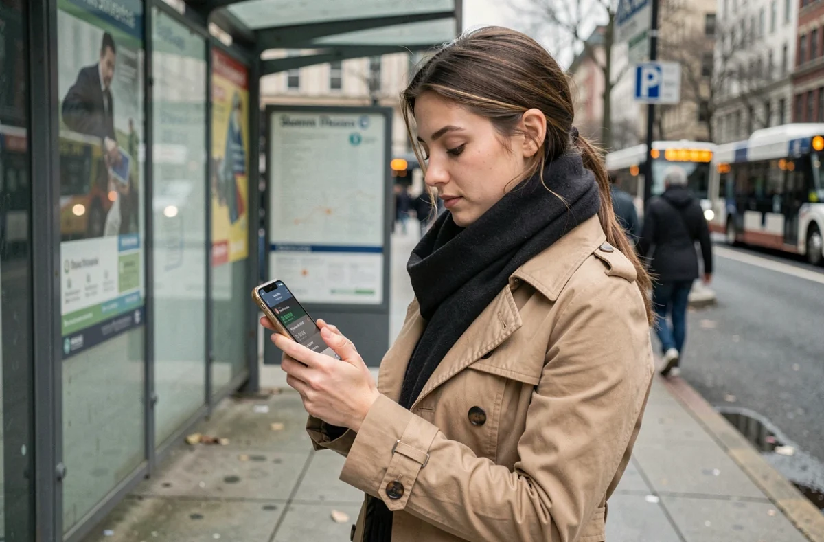 Jeune femme consultant l'application Bus 323 en temps réel sur son smartphone à un arrêt de bus en ville aux heures de pointe