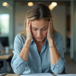 Femme stressée au bureau en pleine fatigue mentale