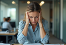Femme stressée au bureau en pleine fatigue mentale