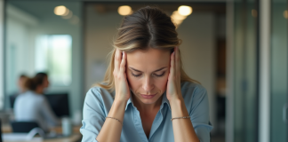 Burnout : effet sur le QI et performances cognitives Femme stressée au bureau en pleine fatigue mentale