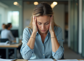 Femme stressée au bureau en pleine fatigue mentale