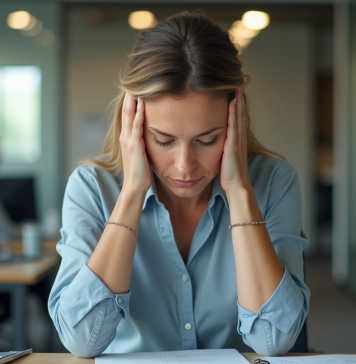 Femme stressée au bureau en pleine fatigue mentale