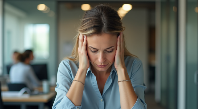 Femme stressée au bureau en pleine fatigue mentale