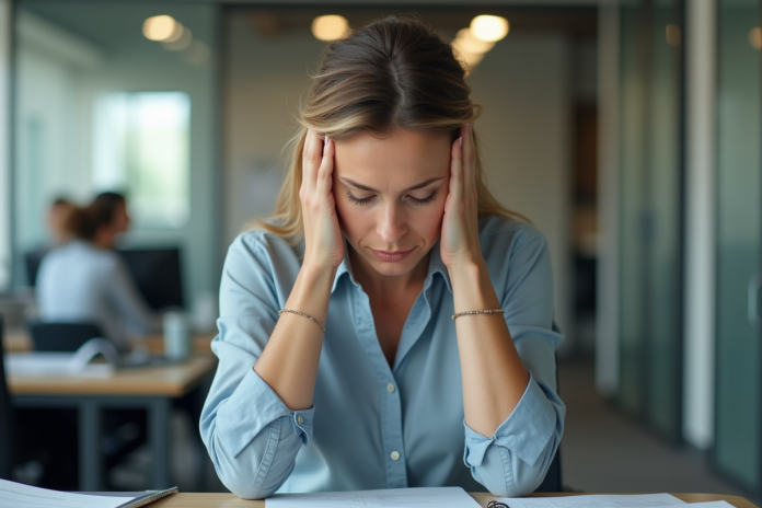 Femme stressée au bureau en pleine fatigue mentale