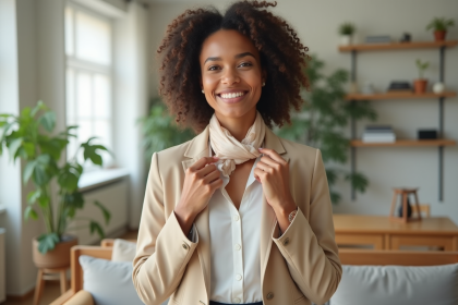 Femme élégante en blazer beige et foulard en soie