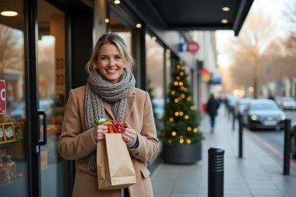 Femme souriante devant supermarche avec sacs de courses