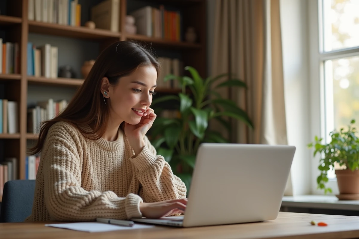 Jeune femme concentrée réalisant un test en ligne sur son ordinateur portable dans un bureau à domicile chaleureux