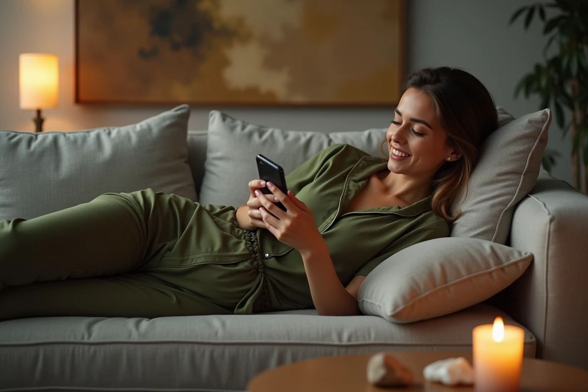 Femme détendue sur un canapé consultant un test spirituel archange sur son smartphone chez elle
