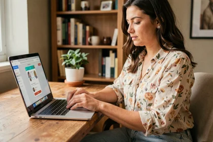 Femme transgenre utilisant une application de rencontre sur son ordinateur portable dans un bureau à domicile cosy