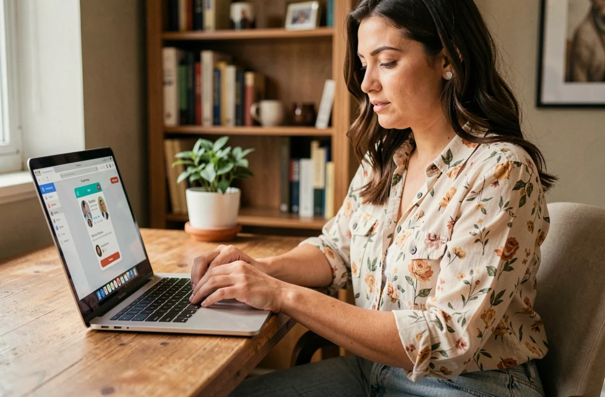 Femme transgenre utilisant une application de rencontre sur son ordinateur portable dans un bureau à domicile cosy