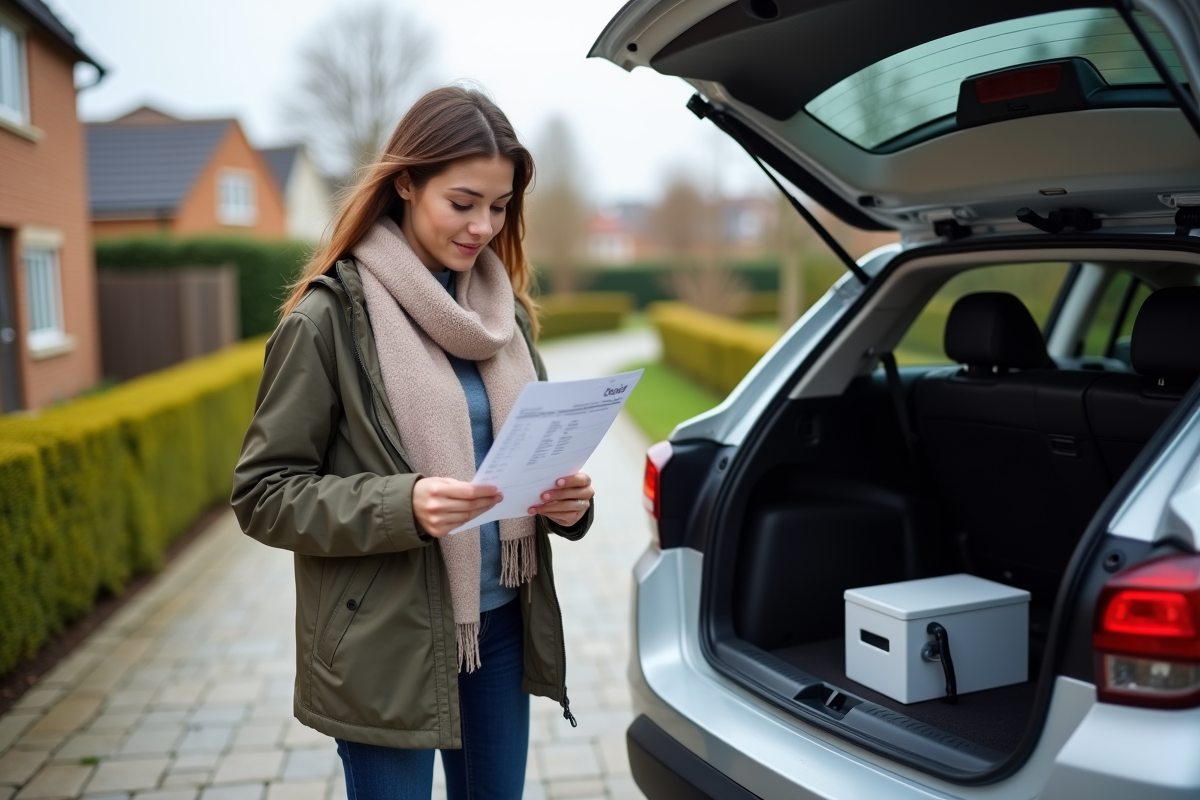 Femme vérifiant la batterie de sa voiture hybride dans une allée résidentielle