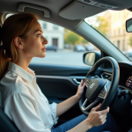 Différence entre conduite autonome et conduite automatisée : l’explication Femme en voiture urbaine au volant en journée