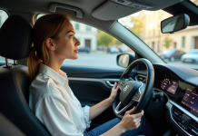Différence entre conduite autonome et conduite automatisée : l’explication Femme en voiture urbaine au volant en journée