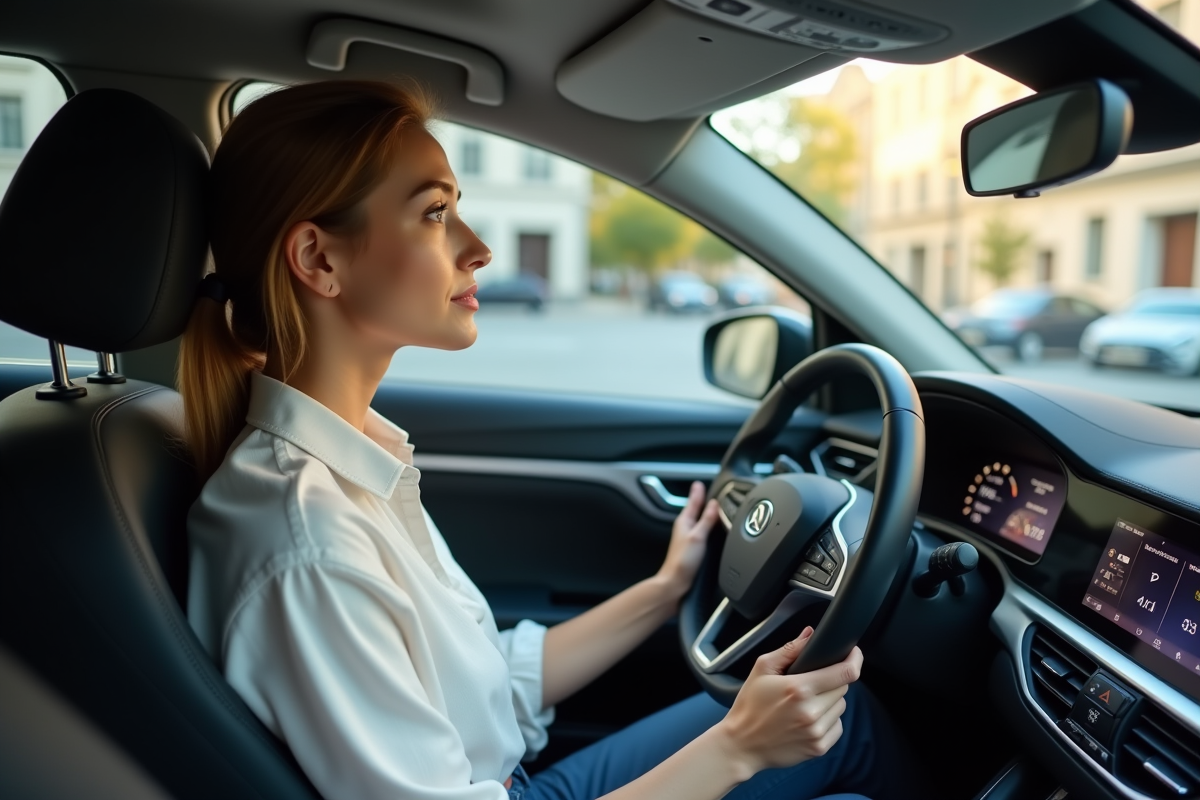 Femme en voiture urbaine au volant en journée