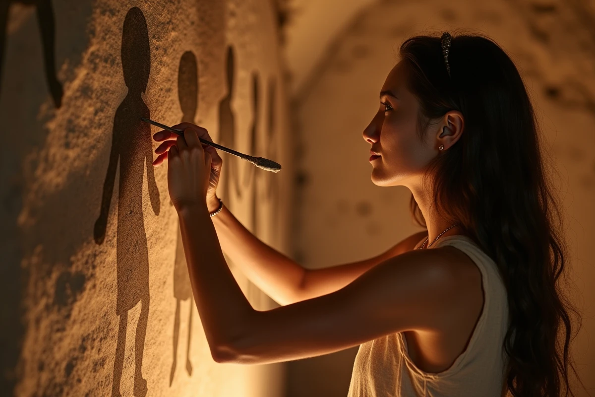 Jeune femme peignant silhouettes dans une grotte ancienne
