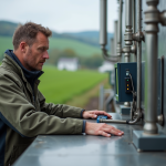 Biogaz : quelle énergie renouvelable pour sa production ? Homme fermier surveillant un panneau digital près d'un digesteur bio