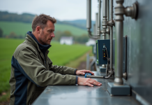 Biogaz : quelle énergie renouvelable pour sa production ? Homme fermier surveillant un panneau digital près d'un digesteur bio