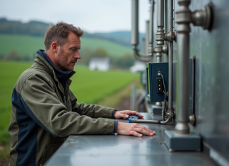 Biogaz : quelle énergie renouvelable pour sa production ? Homme fermier surveillant un panneau digital près d'un digesteur bio