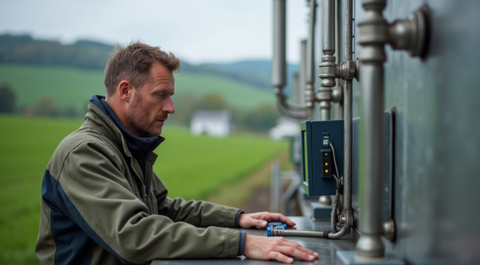 Biogaz : quelle énergie renouvelable pour sa production ? Homme fermier surveillant un panneau digital près d'un digesteur bio