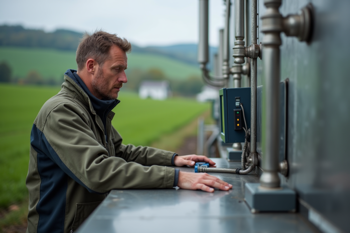 fermier-moderne-controle-bioenergie Homme fermier surveillant un panneau digital près d'un digesteur bio