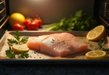 Filet de poisson blanc sur une plaque avec lumière chaleureuse