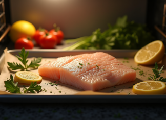 Filet de poisson blanc sur une plaque avec lumière chaleureuse