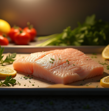 Filet de poisson blanc sur une plaque avec lumière chaleureuse