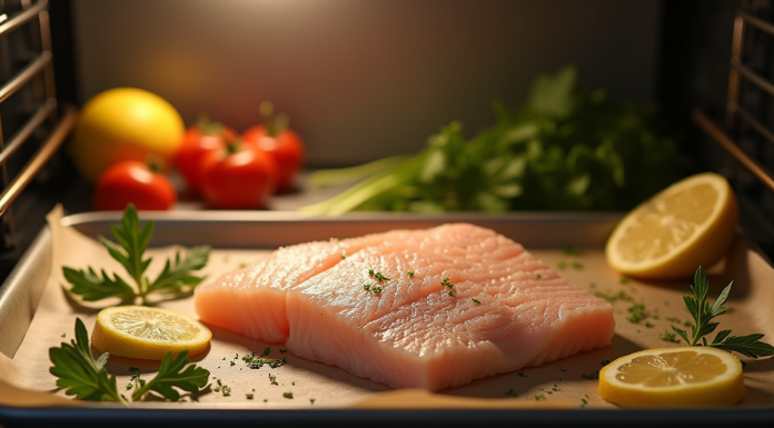 Filet de poisson blanc sur une plaque avec lumière chaleureuse
