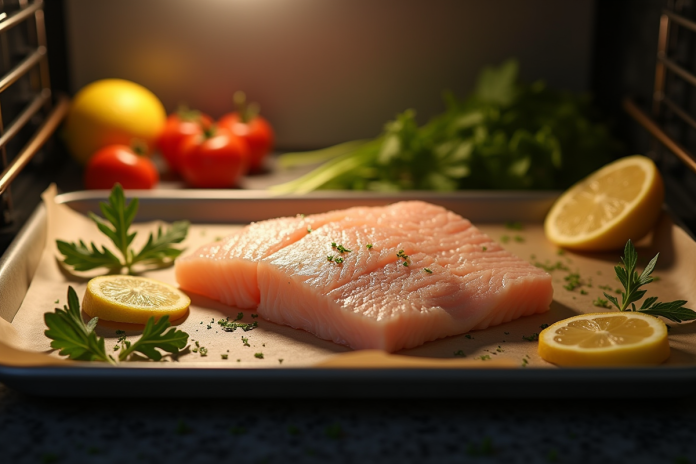 Filet de poisson blanc sur une plaque avec lumière chaleureuse