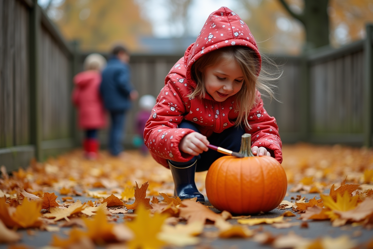 Jeune fille peignant une citrouille dans la cour d