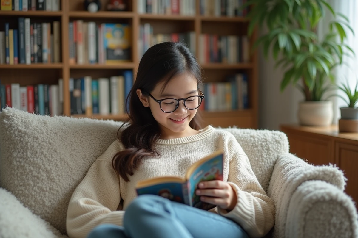 Adolescente souriante lisant manga sur smartphone dans le salon