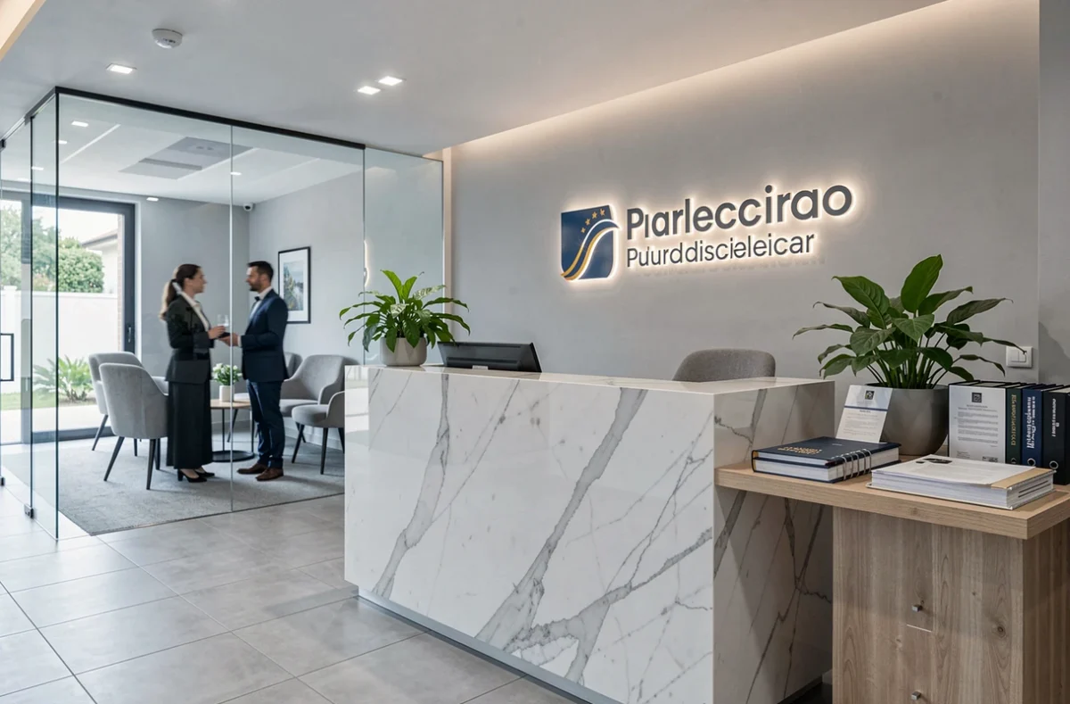 Cabinet Finalteri Avocats à Ajaccio, réception moderne d'un cabinet pluridisciplinaire avec comptoir en marbre et espace professionnel
